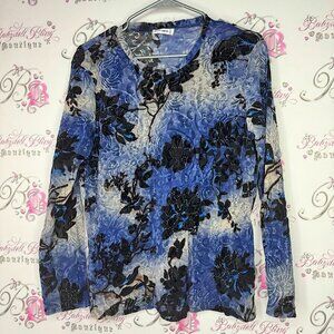 Hauber long sleeve 3d velour velvet flowers shimmer Blue Floral Long Sleeve Top